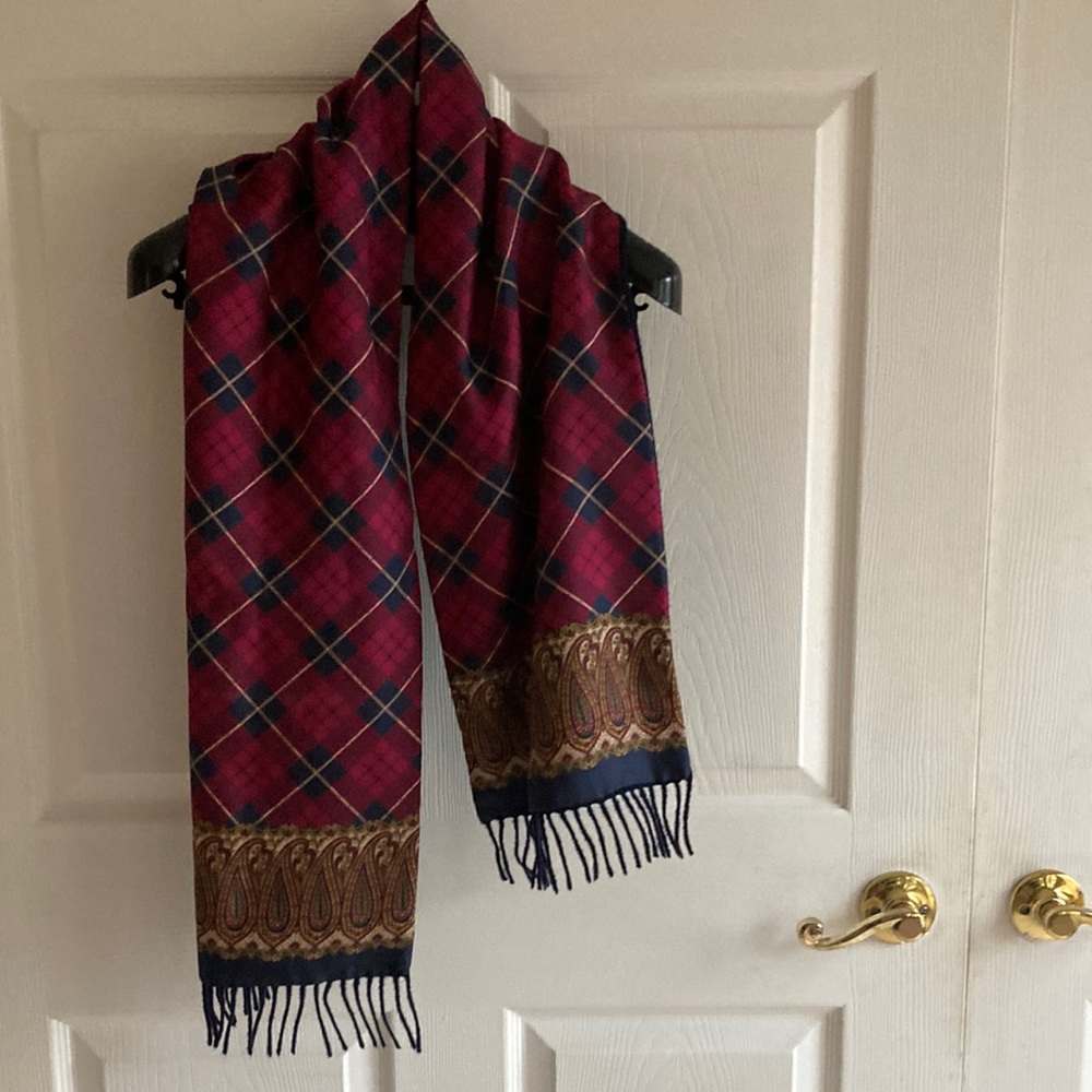 Holt Renfrew vintage silk scarf with wool lining and fringes. Made in Italy.